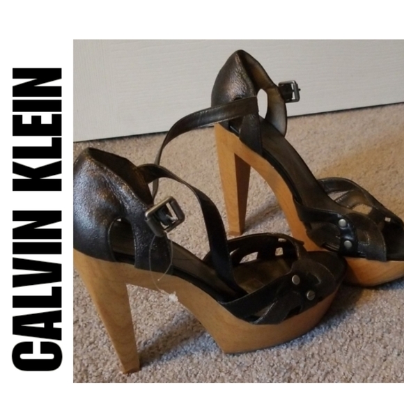 Calvin Klein wooden heel platform sandal 10 - Picture 1 of 5